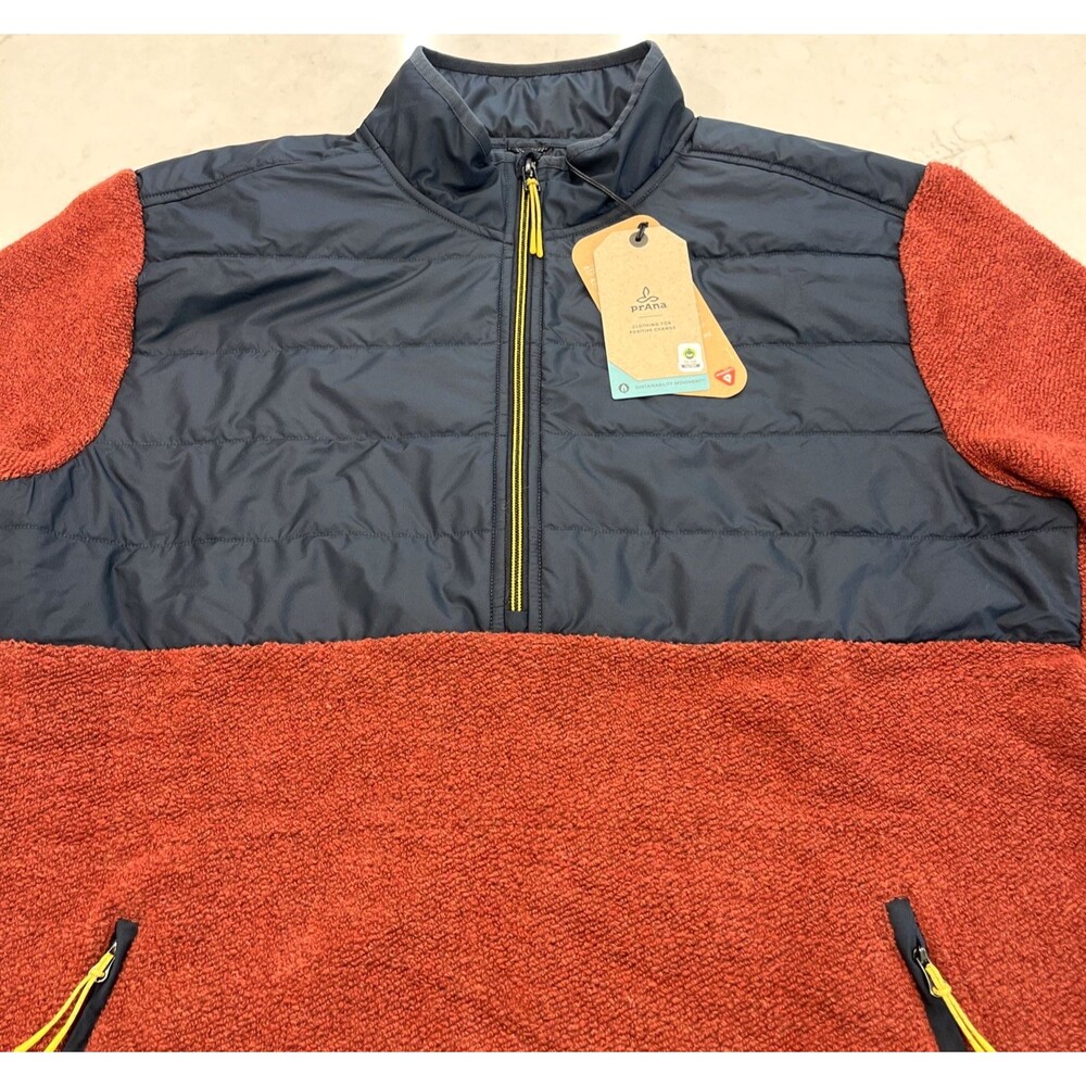 prAna NEW Mens XL Fleece‎ 1/2 Zip Quilted Pullover Jacket Wool Blend Red Blue - Picture 4 of 16